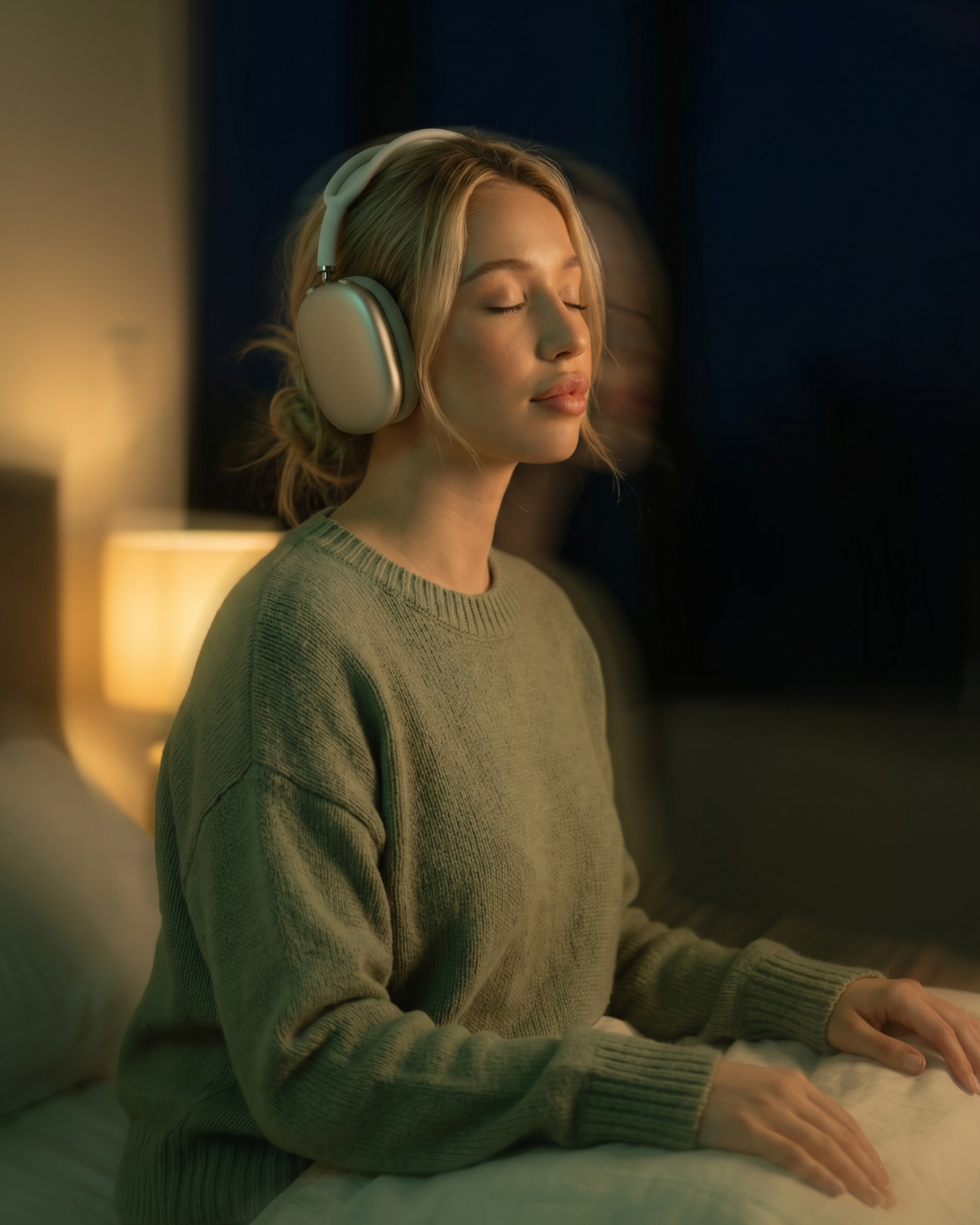 Creator listening with headphones at night