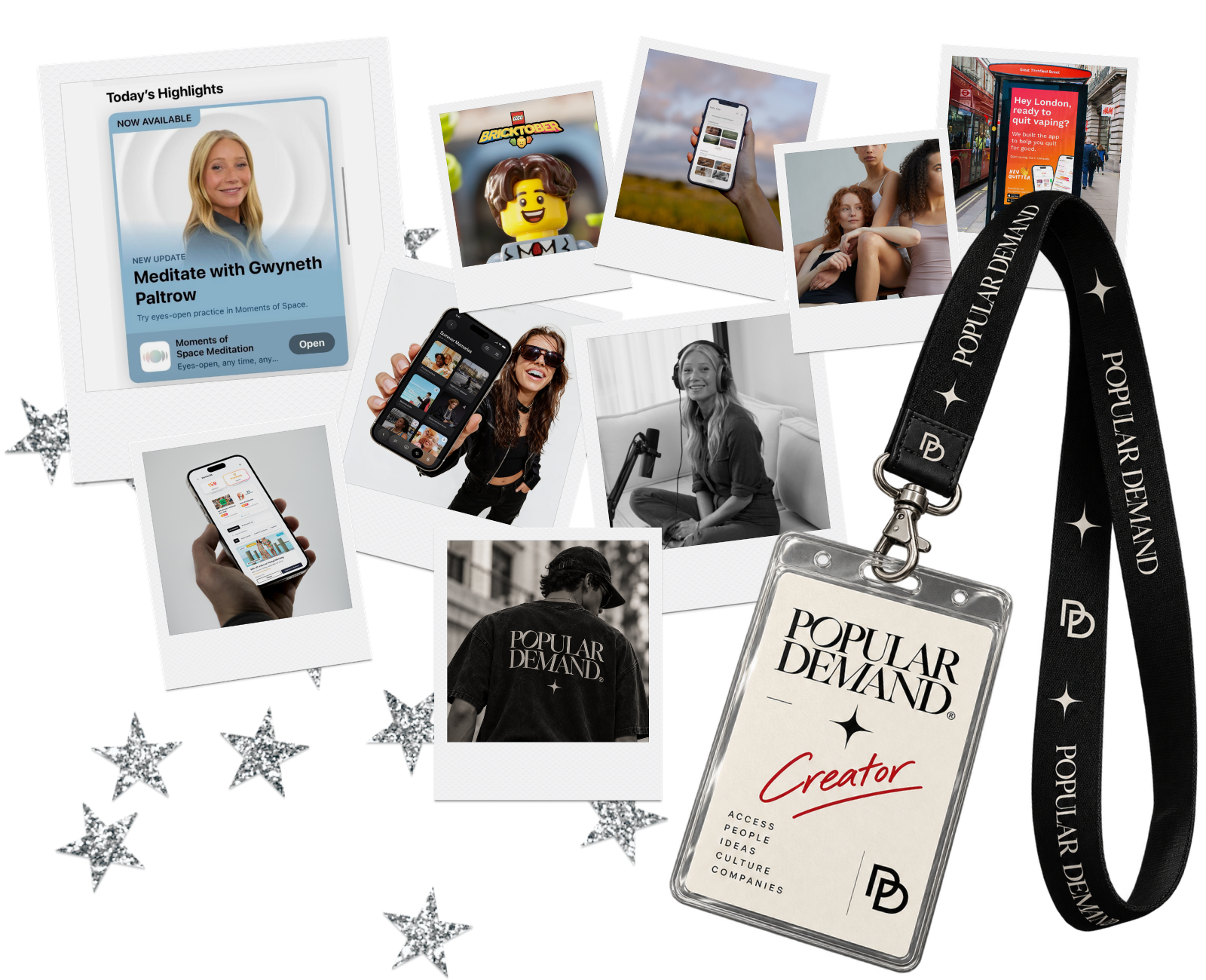 Collage of founder experience — App Store features, app screenshots, Popular Demand lanyard and creator badge